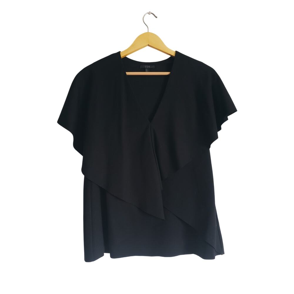 COS Black Draped V-Neck Short Sleeve Blouse